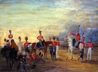 Skupina důstojníků a mužů z Yorkshire Yeomanry v různých pořadích oblékání, kolem roku 1820