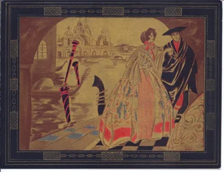 Ručně kolorované francouzské přání Pochoir z benátské scény, kolem roku 1920
