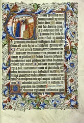 Stránka ze žaltáře v latině s historickou iniciálou zobrazující skupinu mnichů stojících před řečnickým zpěvem, kolem roku 1455