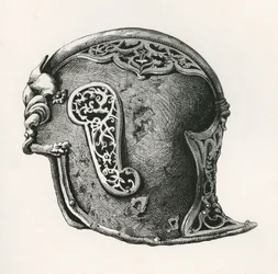 Sallet, alias salade nebo schaller válečná helma, 1450 n. l., z knihy The British Army: Its Origins, Progress and Equipment, vydané v roce 1868.