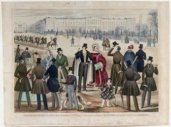 Pohled v Regents Park v Londýně, ukazující zimní módu v letech 1840 a 1841, publikoval B.Read & Co, 1840 (akvatinta na papíře)