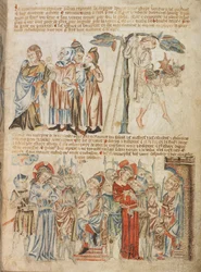 Přidat. 47682, f.30, Jidáš vrací třicet stříbrných; Jidášova smrt; Kristus před Pilátem a před Herodem, z Holkham Bible Picture Book, c.1320-30 (vellum)