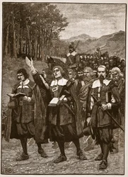 Postup Covenantů přes hranice do Anglie, ilustrace z Cassells Illustrated History of England (sépiová fotografie)