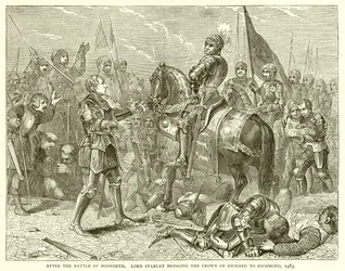 Po bitvě u Bosworthu. Lord Stanley přináší Richardovu korunu do Richmondu, 1483