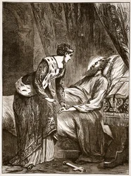 Alice Perrersová u smrtelného lože Eduarda III., ilustrace z Cassells Illustrated History of England (sépiová fotografie)