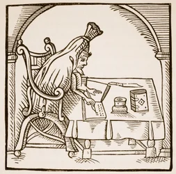 Alegorický obraz Roberta Greena v jeho pohřebním plášti, z Greene in Conception od Johna Dickensona, 1598 (sépiová fotografie)