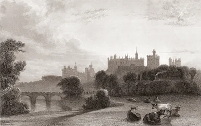 Hrad Alnwick, Alnwick, Northumberland, Anglie, na počátku 19. století. Používá se jako místo ve filmech Harry Potter. Z Churton
