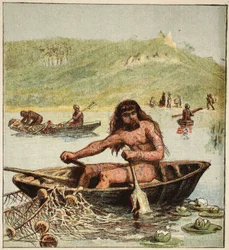 Starověký Brit ve své lodi, hospoda. 1890 (barevná litografie)