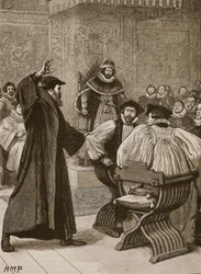 Andrew Melville před skotskou tajnou radou, ilustrace z Cassells Illustrated History of England (sépiová fotografie)
