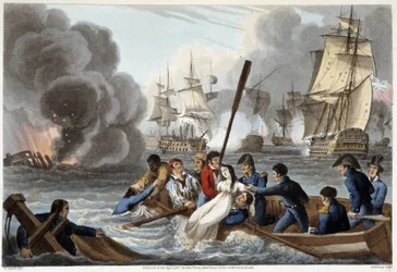Anekdota a Trafalgar v "Historické, vojenské a námořní anekdoty a události, které přišly do náruče Velké Británie a jejich spojenců, končící u Waterloo" Edward Orme. Ill. by Fry, Sutherland, Clark, Dubourg, W.Heart, JA, Atkinson... Ed. 1819, L