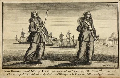 "Ann Bonny a Mary Read odsouzeny za pirátství 28. listopadu 1720 u soudu viceadmirality v St. Jago de la Vega na ostrově Jamajka"