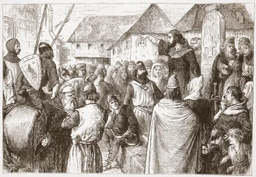 Arnold of Brescia Preaching, ilustrace z Historie protestantismu od Jamese Aitkena Wylie (1808-1890), hospoda. 1878