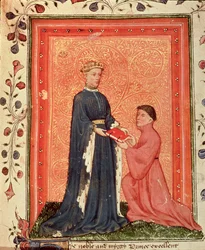 Arundel 38 f.37 Thomas Hoccleve představuje svou knihu „Regement of Princes“ princi z Walesu (později Jindřich V.) c.1411-13 (vellum)