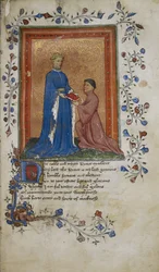 Arundel 38, f.37 Thomas Hoccleve představuje knihu princi Jindřichovi z Lancasteru, ilustrace z 