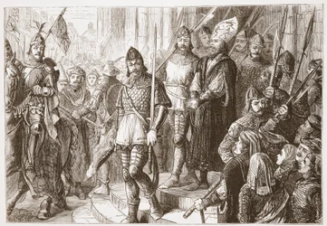 Když ho vyváděli z kostela... začal zpívat Credo in Unum Deum, ilustrace z Dějin protestantismu od Jamese Aitkena Wylie (1808-1890), hospoda. 1878