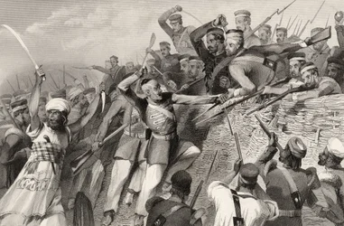 Útok vzbouřenců na baterii Redan v Luknově, 30. července 1857, z knihy "The History of the Indian Mutiny", vydané v roce 1858.