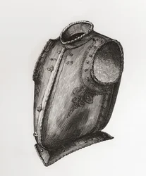Zadní část a náprsník, vpředu rozepínací, známý jako vesta Breastplate, kolem roku 1580, z knihy The British Army: Its Origins, Progress and Equipment, vydané v roce 1868.
