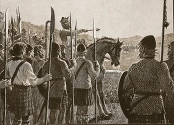 Bannockburn: Bruce si prohlíží své vojáky před bitvou, ilustrace z Cassells Illustrated History of England (sépiová fotografie)