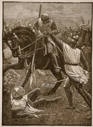 Bitva u Eveshamu: král Jindřich v ohrožení, ilustrace z Cassells Illustrated History of England (sépiová fotografie)