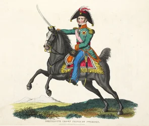 Bernadotte, korunní princ Švédska, hospoda. od Richarda Evanse, engr Romney, ilustrace z Historický popis bitvy u Waterloo od Williama Mudforda, 1816