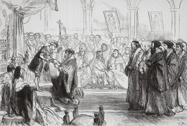 Beza představuje Vyznání francouzské protestantské církve králi na kolokviu v Poissy, ilustrace z Historie protestantismu od Jamese Aitkena Wylie (1808-1890), hospoda. 1878 (angl