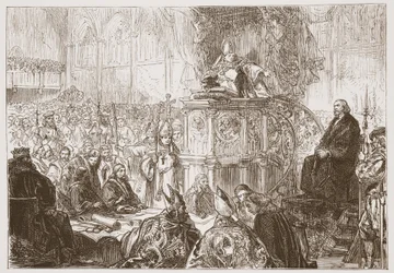 Biskup z Lodi kázání při procesu s Husem, ilustrace z Historie protestantismu od Jamese Aitkena Wylie (1808-1890), pub. 1878