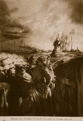 Hořící hospodářské budovy ve Flandrech zapálené německou střelbou, 1914-19