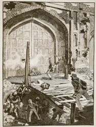 Vyhození Kašmírové brány v Dillí do povětří, ilustrace z Cassells Illustrated History of England (sépiová fotografie)