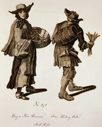 Kupte si nový almanach! Jemný inkoust!, ilustrace pouličních prodavačů kolem roku 1675