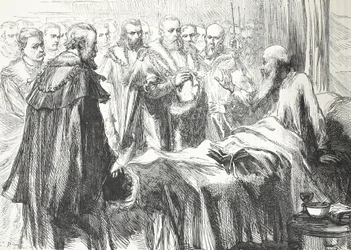 Calvin naposledy promlouvá ke koncilu, ilustrace z Historie protestantismu od Jamese Aitkena Wylie (1808-1890), hospoda. 1878