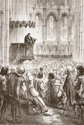 Calvin káže své kázání na rozloučenou v očekávání vyhnanství, ilustrace z Historie protestantismu od Jamese Aitkena Wylie (1808-1890), hospoda. 1878