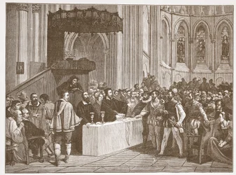 Calvin odmítá večeři pánů Libertinům, v katedrále sv. Petra v Ženevě, ilustrace z Dějin protestantismu od Jamese Aitkena Wylie (1808-1890), hospoda. 1878