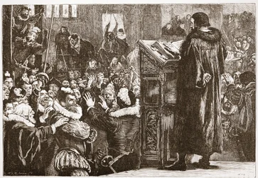 Calvin vyhrožoval v kostele Rive, ilustrace z Historie protestantismu od Jamese Aitkena Wylie (1808-1890), hospoda. 1878