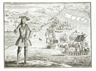 Kapitán Bartholomew Roberts (1682-1722) se dvěma loděmi, Royal Fortune a Ranger, vyplouvá na Whydah Road na pobřeží Guiney, 11. ledna 172?, z knihy A General History of the Robberies and Mu