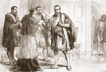 Kardinál de Tournon čte protestantský plakát Františku I., ilustrace z Historie protestantismu od Jamese Aitkena Wylie (1808-1890), hospoda. 1878
