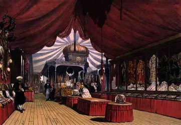 Případy vyšívaného zboží v turecké části Velké výstavy z roku 1851, z Dickinsonových komplexních obrázků (barevné lito)