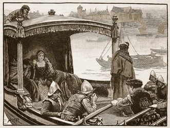 Kateřina Howardová při převozu do Toweru, ilustrace z Cassells Illustrated History of England (sépiová fotografie)