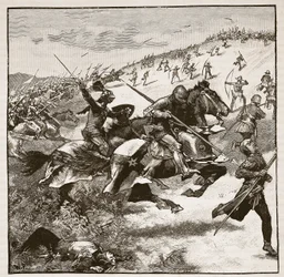Útok Skotů na Homildon Hill, ilustrace z Cassells Illustrated History of England (sépiová fotografie)