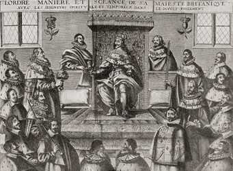 Karel I. ve Sněmovně lordů v roce 1648, z „Krátké historie anglického lidu“ od J. R. Greena, vydaného v roce 1893