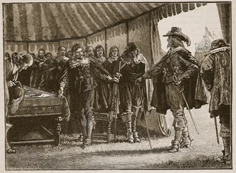 Karel a skotští komisaři, ilustrace z Cassells Illustrated History of England (sépiová fotografie)