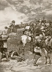Karel v bitvě u Naseby, ilustrace z Cassells Illustrated History of England (sépiová fotografie)