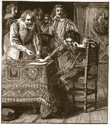 Karel podepisuje souhlasné prohlášení ke Straffordovu rozsudku, ilustrace z Cassells Illustrated History of England (sépiová fotografie)