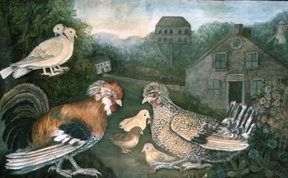 Kuře a holubice u farmy (akvarel, kvaš na papíře) (podrobnosti viz 97196)