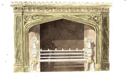 Komín z mramoru Mona, deska 94 z Ackermannova uměleckého sborníku, vydaného v roce 1817 (barevná litografie)