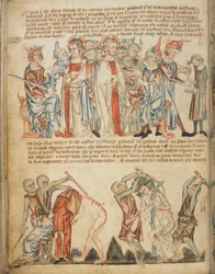 Kristus před Herodem a před Pilátem; Herodes si myje ruce; bičování Krista, Add. 47682, f.30v, c.1320-30 (vellum)