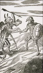 Christian a Apollyon, ze 13. vydání ‚Poutníkova pokroku‘ od Johna Bunyana, 1692