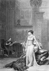 Kleopatra a Caesar z knihy "Anthony and Cleopatra", z "The Works of Shakspeare (Imperial Edition) edited by Charles Knight