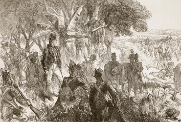 Clive at Plassey, ilustrace z Cassells Illustrated History of India od Jamese Granta, hospoda. 1879