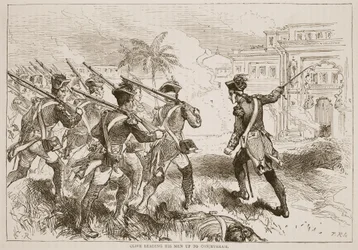 Clive vede své muže do Conjeevaram, ilustrace z Cassellových Ilustrovaných dějin Indie od Jamese Granta, hospoda. 1879