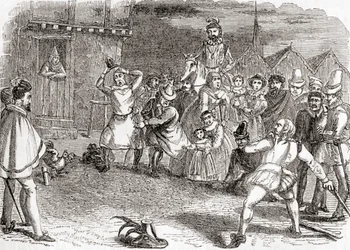 Házení na kohouta, známé také jako plašení kohouta nebo házení po kohoutech, z knihy Old England: A Pictorial Museum, vydáno 1847